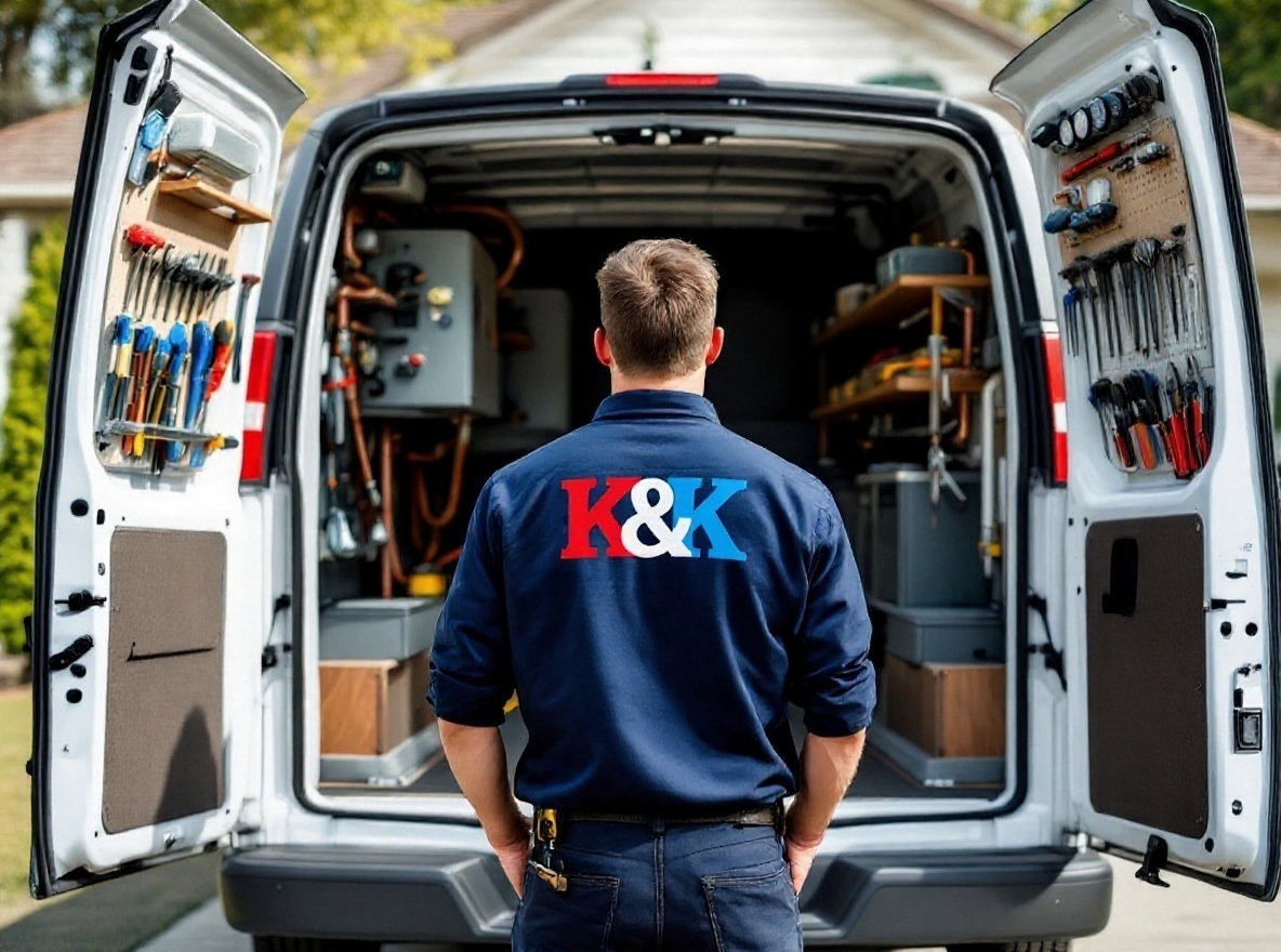 A K & K technician at the open back of a fully-stocked service van, tools mounted inside the doors